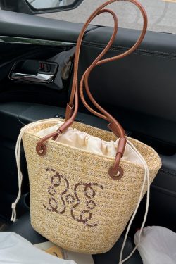 Chic Women's Summer 2025 Beach Straw Woven Shoulder Bucket Bag - Trendy Niche Fashion Accessory