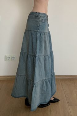 Chilling Blue Vintage Washed Distressed Denim Long Skirt Women's A-Line Midi Skirt for 90s and Y2K Style