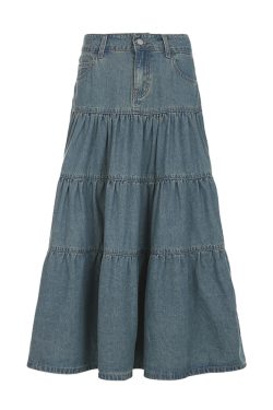 Chilling Blue Vintage Washed Distressed Denim Long Skirt Women's A-Line Midi Skirt for 90s and Y2K Style