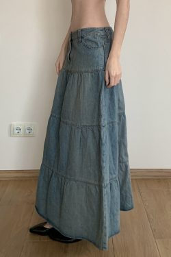 Chilling Blue Vintage Washed Distressed Denim Long Skirt Women's A-Line Midi Skirt for 90s and Y2K Style