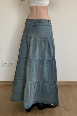 Chilling Blue Vintage Washed Distressed Denim Long Skirt Women's A-Line Midi Skirt for 90s and Y2K Style