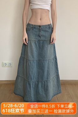 Chilling Blue Vintage Washed Distressed Denim Long Skirt Women's A-Line Midi Skirt for 90s and Y2K Style