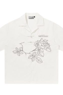 Chinese Style Buttoned Short-Sleeve Shirt with Patch Embroidery - Trendy Y2K Fashion for a Chic Look