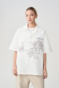 Chinese Style Buttoned Short-Sleeve Shirt with Patch Embroidery - Trendy Y2K Fashion for a Chic Look