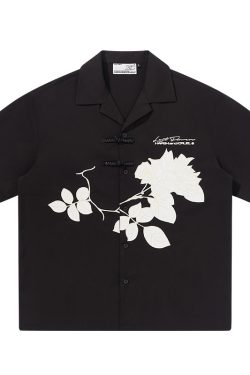 Chinese Style Buttoned Short-Sleeve Shirt with Patch Embroidery - Trendy Y2K Fashion for a Chic Look
