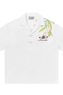 Chinese-Style Floral Embroidery Short-Sleeve Shirt - Minimalist Shoulder-Length Streetwear Top