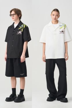 Chinese-Style Floral Embroidery Short-Sleeve Shirt - Minimalist Shoulder-Length Streetwear Top