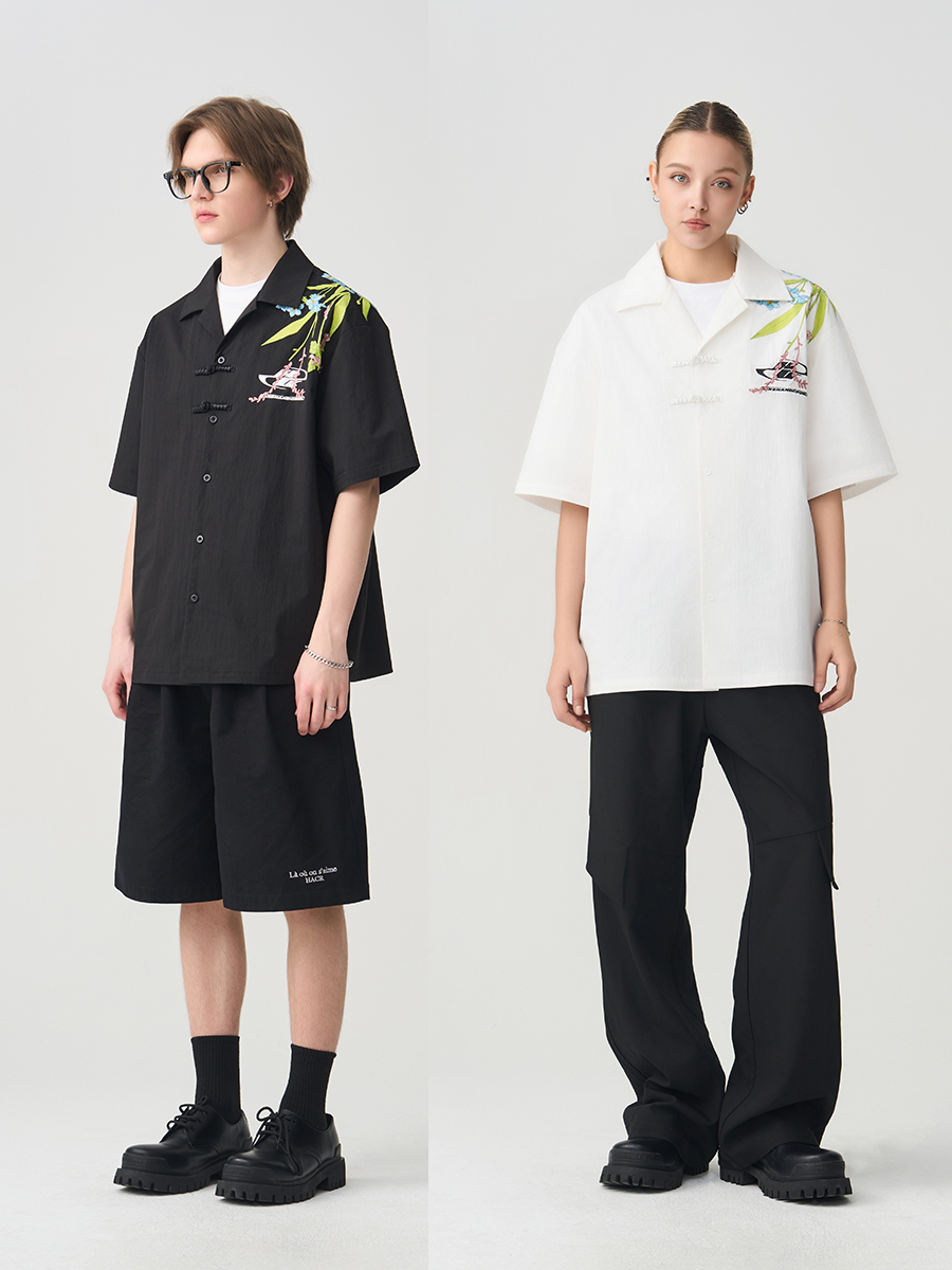 Chinese-Style Floral Embroidery Short-Sleeve Shirt - Minimalist Shoulder-Length Streetwear Top Chinese-Style Floral Embroidery Short-Sleeve Shirt - Minimalist Shoulder-Length Streetwear Top