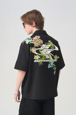 Chinese-Style Floral Embroidery Short-Sleeve Shirt - Minimalist Shoulder-Length Streetwear Top