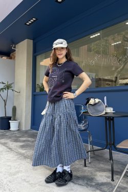 Coffee Checkered Elastic Waist Cake Half Skirt for Women - Slimming Long Summer Style