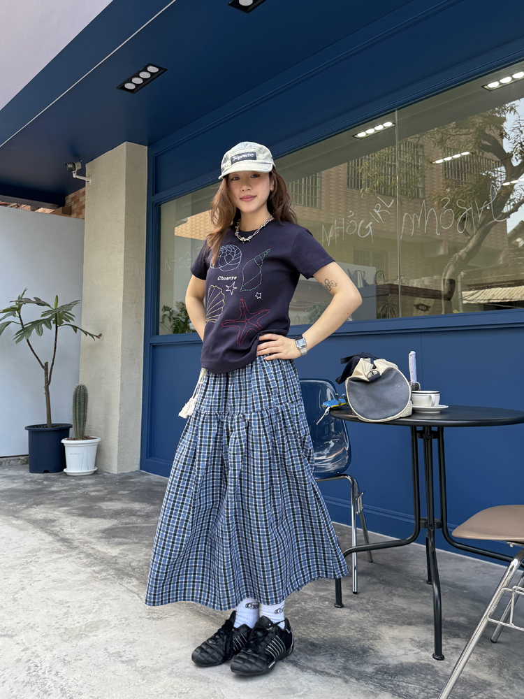 Coffee Checkered Elastic Waist Cake Half Skirt for Women - Slimming Long Summer Style Coffee Checkered Elastic Waist Cake Half Skirt for Women - Slimming Long Summer Style