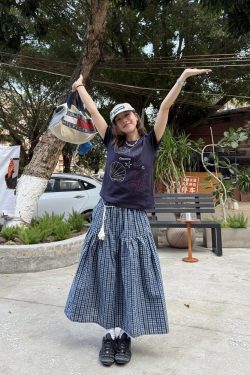 Coffee Checkered Elastic Waist Cake Half Skirt for Women - Slimming Long Summer Style