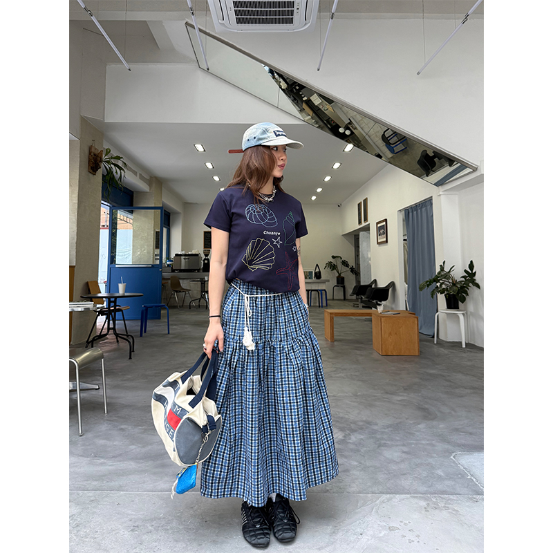 Coffee Checkered Elastic Waist Cake Half Skirt for Women - Slimming Long Summer Style Coffee Checkered Elastic Waist Cake Half Skirt for Women - Slimming Long Summer Style