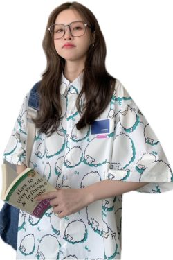 College Style Cartoon Girl Short Sleeve Blouse - Summer Loose Fit Printed Top for Students - Trendy Hong Kong Style