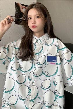 College Style Cartoon Girl Short Sleeve Blouse - Summer Loose Fit Printed Top for Students - Trendy Hong Kong Style