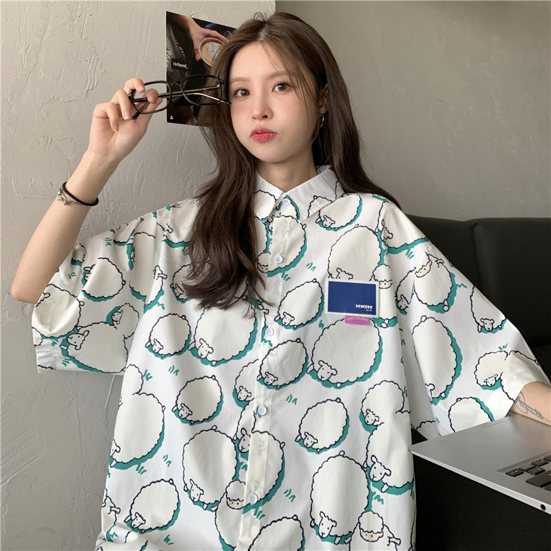 College Style Cartoon Girl Short Sleeve Blouse - Summer Loose Fit Printed Top for Students - Trendy Hong Kong Style College Style Cartoon Girl Short Sleeve Blouse - Summer Loose Fit Printed Top for Students - Trendy Hong Kong Style