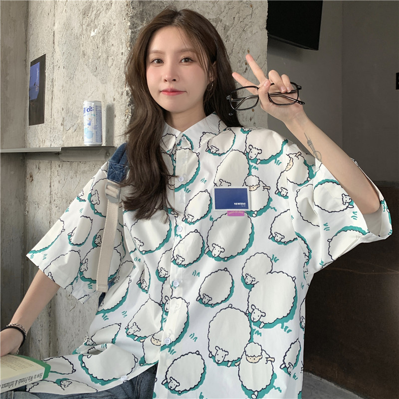 College Style Cartoon Girl Short Sleeve Blouse - Summer Loose Fit Printed Top for Students - Trendy Hong Kong Style College Style Cartoon Girl Short Sleeve Blouse - Summer Loose Fit Printed Top for Students - Trendy Hong Kong Style