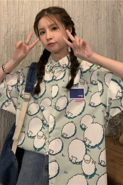 College Style Cartoon Girl Short Sleeve Blouse - Summer Loose Fit Printed Top for Students - Trendy Hong Kong Style