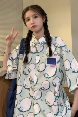 College Style Cartoon Girl Short Sleeve Blouse - Summer Loose Fit Printed Top for Students - Trendy Hong Kong Style