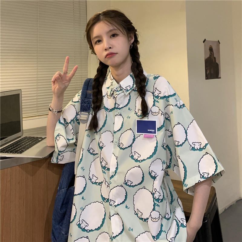 College Style Cartoon Girl Short Sleeve Blouse - Summer Loose Fit Printed Top for Students - Trendy Hong Kong Style College Style Cartoon Girl Short Sleeve Blouse - Summer Loose Fit Printed Top for Students - Trendy Hong Kong Style