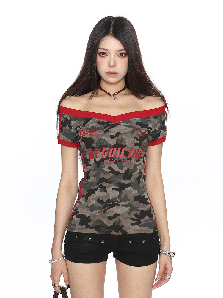 Color-Block Camouflage One-Shoulder T-Shirt for Women – Slim Fit Summer Top – Trendy American Style Spicy Girl Fashion Color-Block Camouflage One-Shoulder T-Shirt for Women – Slim Fit Summer Top – Trendy American Style Spicy Girl Fashion