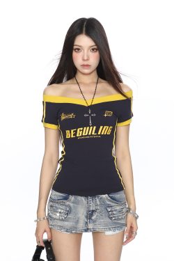 Color-Block Camouflage One-Shoulder T-Shirt for Women – Slim Fit Summer Top – Trendy American Style Spicy Girl Fashion