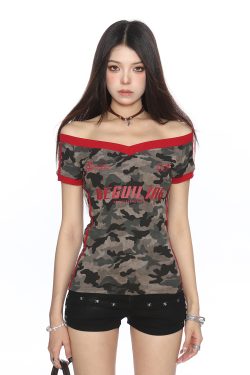 Color-Block Camouflage One-Shoulder T-Shirt for Women – Slim Fit Summer Top – Trendy American Style Spicy Girl Fashion