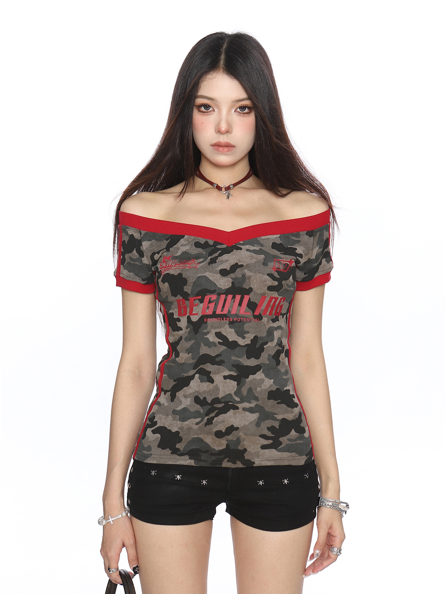 Color-Block Camouflage One-Shoulder T-Shirt for Women – Slim Fit Summer Top – Trendy American Style Spicy Girl Fashion Color-Block Camouflage One-Shoulder T-Shirt for Women – Slim Fit Summer Top – Trendy American Style Spicy Girl Fashion