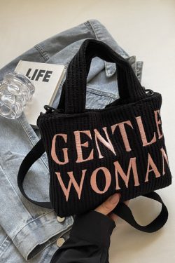 Color-Block Casual Knitted Tote Shoulder Bag with Embroidered 'Gentle Woman' - Trendy 2025 Accessory for Everyday Style