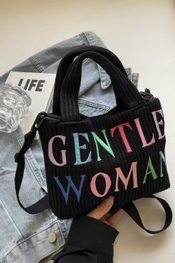 Color-Block Casual Knitted Tote Shoulder Bag with Embroidered 'Gentle Woman' - Trendy 2025 Accessory for Everyday Style