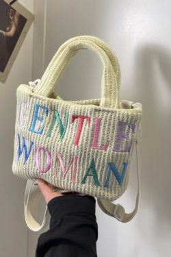 Color-Block Casual Knitted Tote Shoulder Bag with Embroidered 'Gentle Woman' - Trendy 2025 Accessory for Everyday Style
