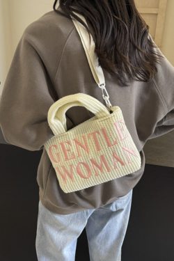 Color-Block Casual Knitted Tote Shoulder Bag with Embroidered 'Gentle Woman' - Trendy 2025 Accessory for Everyday Style