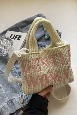 Color-Block Casual Knitted Tote Shoulder Bag with Embroidered 'Gentle Woman' - Trendy 2025 Accessory for Everyday Style