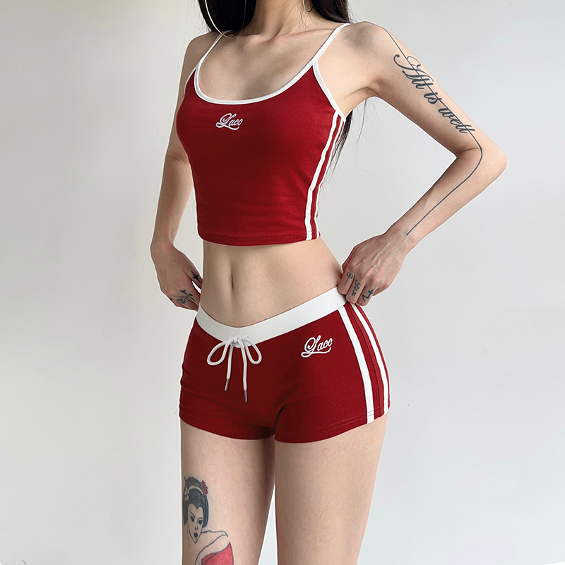Color Block Letter Print Camisole and Shorts Two-Piece Set for Home Leisure, Trendy Thorny Rose Design, Comfortable Y2K Style Color Block Letter Print Camisole and Shorts Two-Piece Set for Home Leisure, Trendy Thorny Rose Design, Comfortable Y2K Style