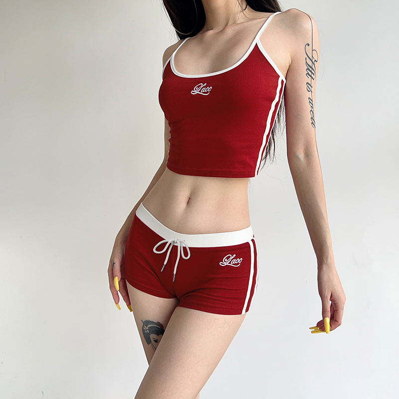 Color Block Letter Print Camisole and Shorts Two-Piece Set for Home Leisure, Trendy Thorny Rose Design, Comfortable Y2K Style Color Block Letter Print Camisole and Shorts Two-Piece Set for Home Leisure, Trendy Thorny Rose Design, Comfortable Y2K Style