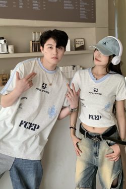 Color Block Letter Print Short Sleeve T-Shirt for Women - Casual Summer Loose Fit American Style Top for Spicy Girls