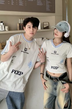 Color Block Letter Print Short Sleeve T-Shirt for Women - Casual Summer Loose Fit American Style Top for Spicy Girls