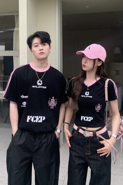 Color Block Letter Print Short Sleeve T-Shirt for Women - Casual Summer Loose Fit American Style Top for Spicy Girls