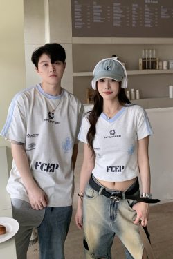 Color Block Letter Print Short Sleeve T-Shirt for Women - Casual Summer Loose Fit American Style Top for Spicy Girls