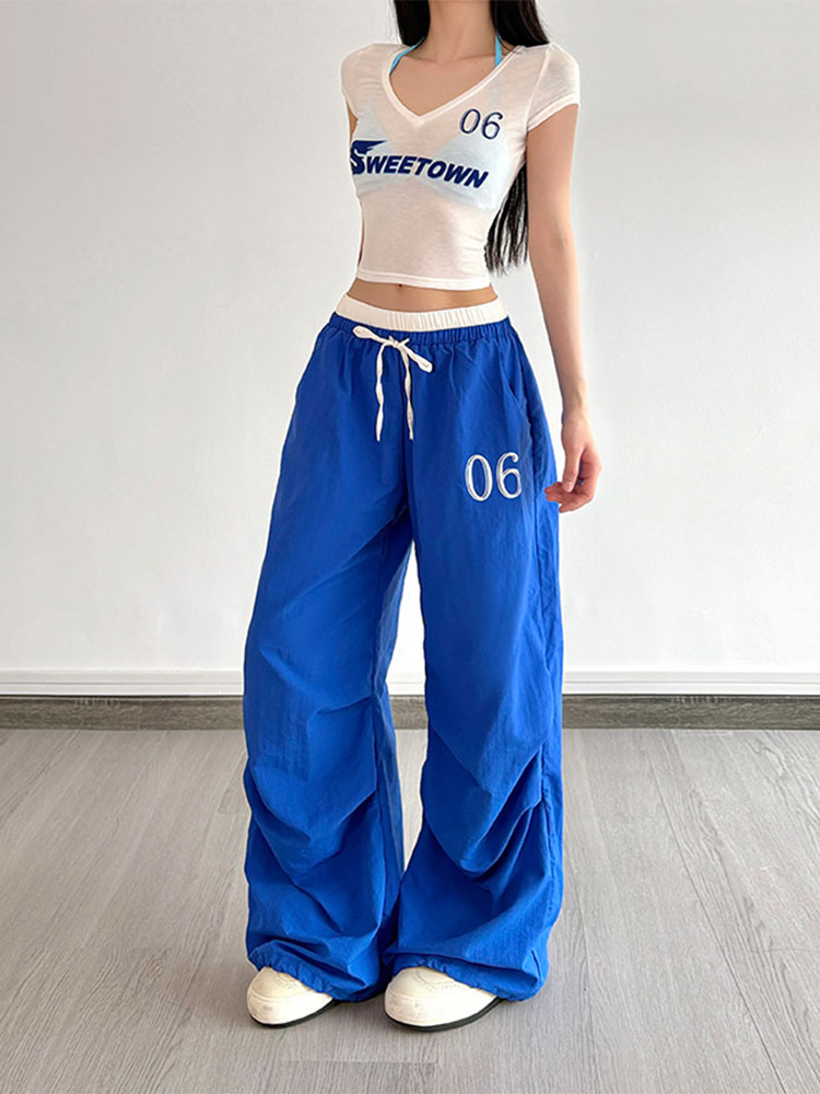 Color-Block Letter Short-Sleeve T-Shirt Top & Waist-Seamed Pleated Loose Dance Long Pants Set - Trendy Two-Piece Outfit Color-Block Letter Short-Sleeve T-Shirt Top & Waist-Seamed Pleated Loose Dance Long Pants Set - Trendy Two-Piece Outfit