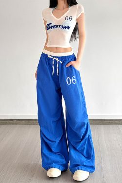 Color-Block Letter Short-Sleeve T-Shirt Top & Waist-Seamed Pleated Loose Dance Long Pants Set - Trendy Two-Piece Outfit