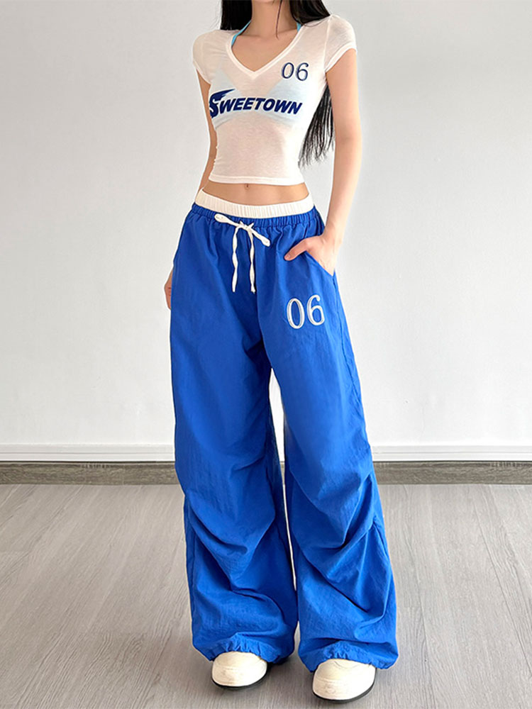 Color-Block Letter Short-Sleeve T-Shirt Top & Waist-Seamed Pleated Loose Dance Long Pants Set - Trendy Two-Piece Outfit Color-Block Letter Short-Sleeve T-Shirt Top & Waist-Seamed Pleated Loose Dance Long Pants Set - Trendy Two-Piece Outfit