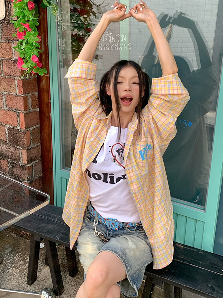 Color Block Plaid Long Sleeve Shirt Jacket for Men and Women - Casual Loose Fit, Sun-Proof, Versatile Style, American Fashion Color Block Plaid Long Sleeve Shirt Jacket for Men and Women - Casual Loose Fit, Sun-Proof, Versatile Style, American Fashion