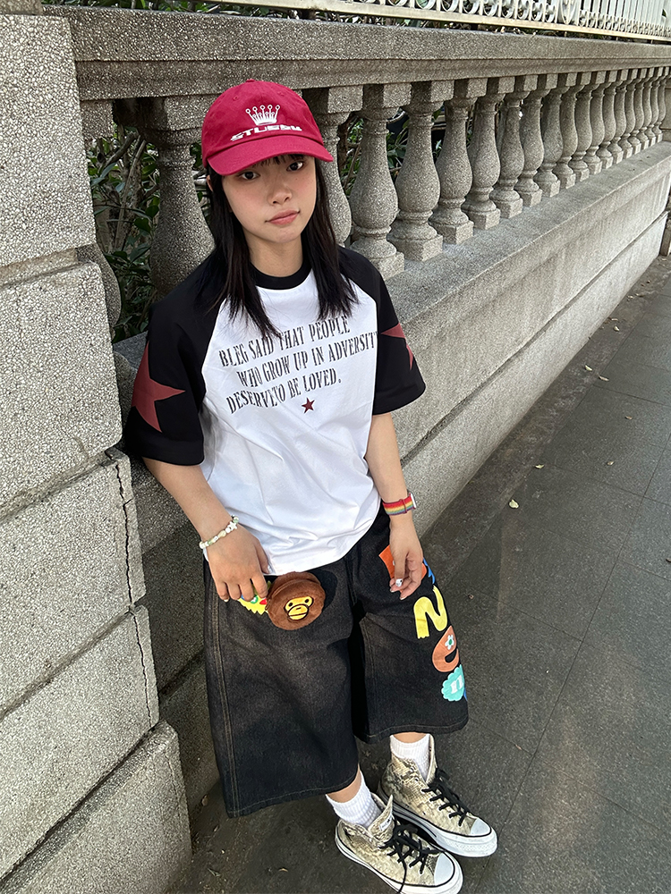 Color Block Raglan Short Sleeve T-Shirt for Men and Women - Trendy American Style Summer Top with Letter and Star Design Color Block Raglan Short Sleeve T-Shirt for Men and Women - Trendy American Style Summer Top with Letter and Star Design