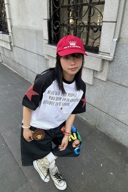 Color Block Raglan Short Sleeve T-Shirt for Men and Women - Trendy American Style Summer Top with Letter and Star Design