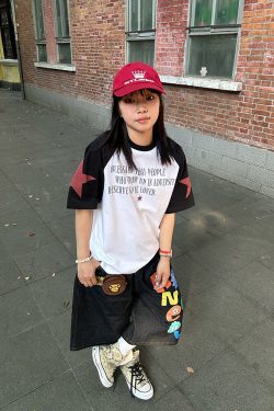 Color Block Raglan Short Sleeve T-Shirt for Men and Women - Trendy American Style Summer Top with Letter and Star Design