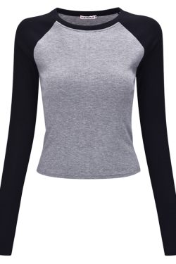 Color Block Raglan Sleeve Long Sleeve T-shirt for Women - Vintage Style Round Neck High Waist Slim Fit Top