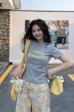 Color Block Short Sleeve T-Shirt for Women - 2025 Summer Slim Fit with Sister Letter Print, Trendy Y2K Style