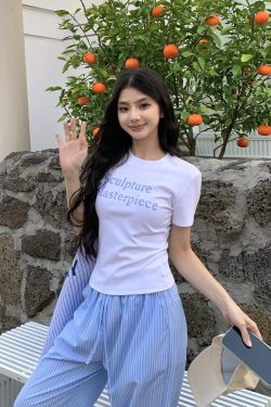 Color Block Short Sleeve T-Shirt for Women - 2025 Summer Slim Fit with Sister Letter Print, Trendy Y2K Style