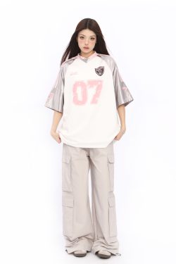 Color Block Short Sleeve V-Neck T-Shirt for Women - American Style Silver Sports Jersey - Summer Casual Top